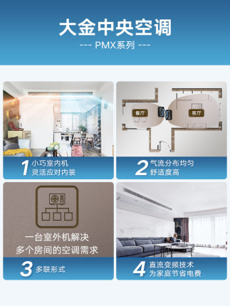 DAIKIN/大金中央空调家用一拖三3匹变频空调机两房两厅PMX舒适款