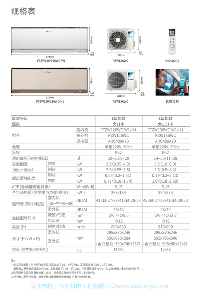 Daikin/大金FTZW136WC-W1+FKXW172WAC-W变频冷暖家用空调组合套装(图7)