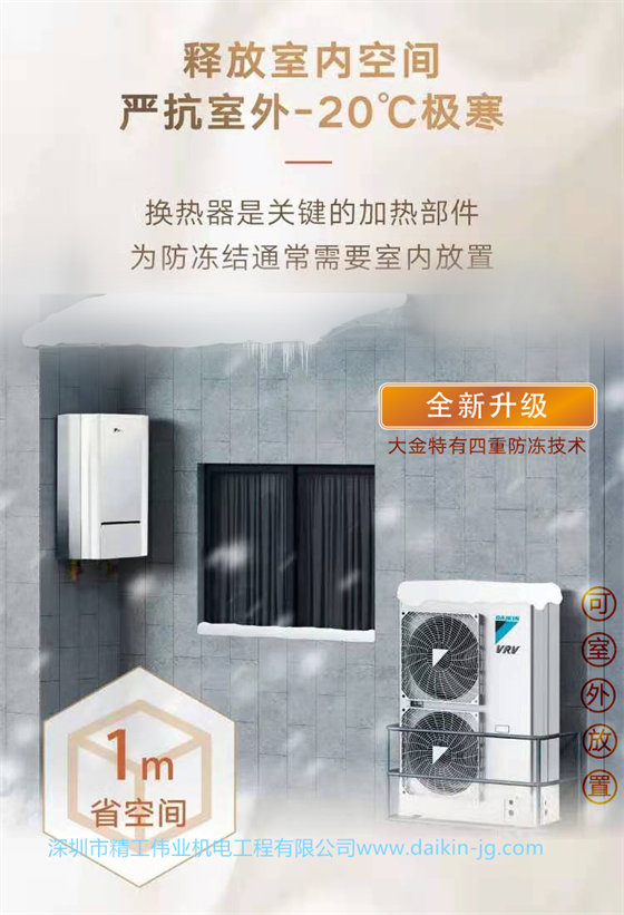 释放室内空间，大金中央空调严抗室外-20°极寒，换热器是关键的加热部件，为防冻结通常需要室内放置。